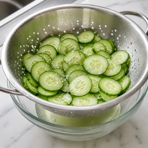 Salted cucumber slices draining in a colander