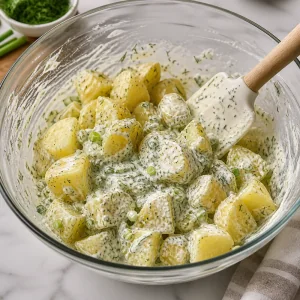 Warm potatoes folded into creamy dill dressing