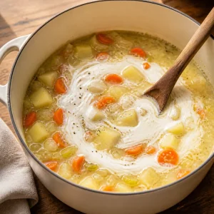 Cream swirling into potato and vegetable soup