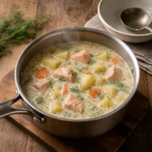Leftover creamy salmon soup reheating gently in a saucepan