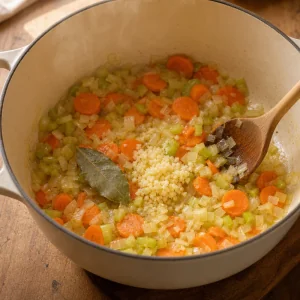 Minced garlic and a bay leaf stirred into softened soup vegetables