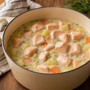 Salmon pieces gently cooking in creamy potato soup