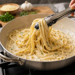 Cooked pasta tossed with silky garlic Parmesan sauce and black pepper in a skillet