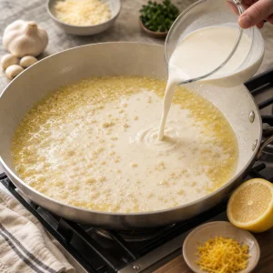 Cream and milk poured into garlic butter sauce with lemon zest nearby
