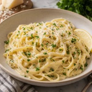 Finished creamy garlic Parmesan pasta served with parsley, extra Parmesan, and a lemon wedge
