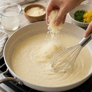 Freshly grated Parmesan whisked into a smooth creamy garlic sauce