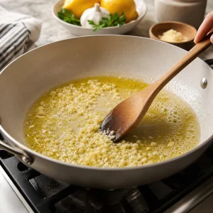 Minced garlic gently sizzling in melted butter and olive oil in a skillet