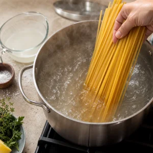 Spaghetti cooking in a large pot of salted boiling water for creamy garlic Parmesan pasta