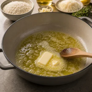 Сливочное масло тает в оливковом масле на широкой сковороде