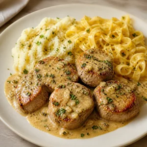 Creamy garlic pork tenderloin medallions served with noodles