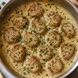 Parsley scattered over creamy pork medallions
