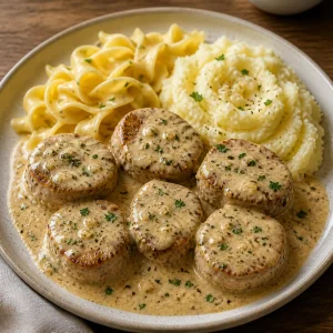 Plated pork medallions topped with garlic cream sauce