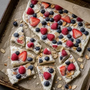 Eclats de bark au yaourt grec avec baies et amandes