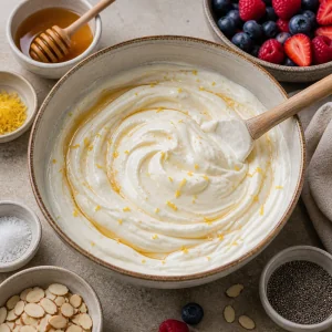 Yaourt grec melange avec miel et zeste de citron
