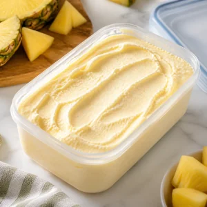 Churned pineapple ice cream smoothed in a freezer-safe container before freezing.