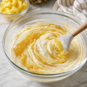 Cooled pineapple concentrate swirled into the cream mixture until combined.