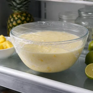 Covered pineapple ice cream base chilling in the refrigerator until very cold.