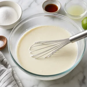 Cream, milk, sugar, vanilla, lime juice, and salt whisked together in a glass bowl.