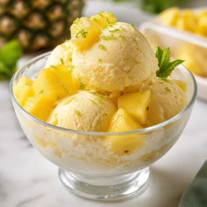Finished creamy homemade pineapple ice cream served with fresh pineapple fruit.