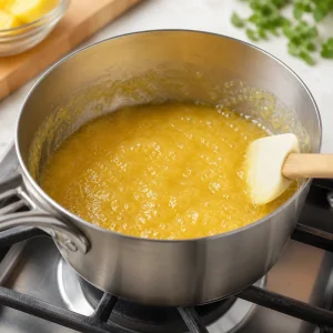 Golden pineapple puree simmering in a saucepan until thick and concentrated.