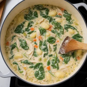 Cream and spinach stirred into chicken gnocchi soup