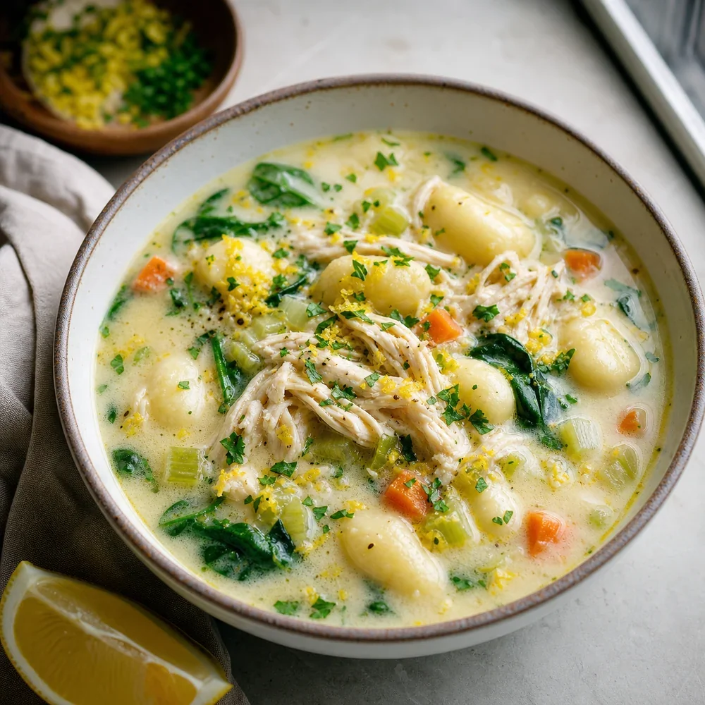 Finished creamy lemon chicken gnocchi soup in a bowl