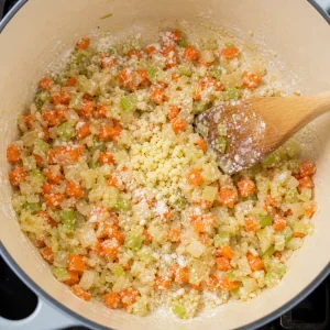 Garlic and flour stirred into softened vegetables