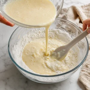 Creamy lemon coconut mixture loosened to a pourable texture