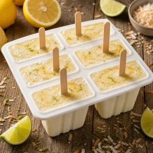 Filled lemon coconut popsicle molds with wooden sticks inserted