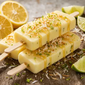 Finished lemon coconut popsicles with honey, coconut, and lime zest