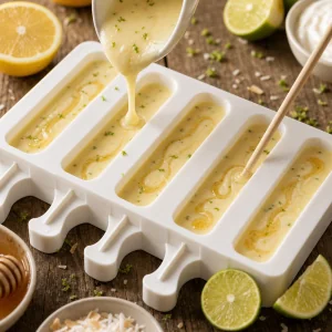 Honey swirled through lemon coconut base in popsicle molds