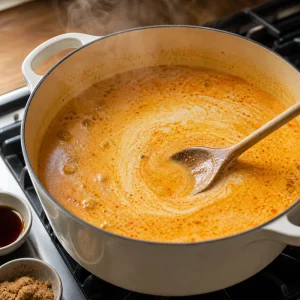 Cremige Kokos-Laksa-Bruehe koechelt im Topf