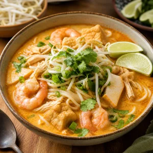 Fertige Laksa mit Sojasprossen und Kraeutern
