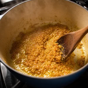 Goldene Laksa-Paste bratet in einem schweren Topf
