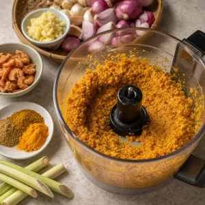 Laksa-Paste mit Schalotten und Zitronengras im Mixer