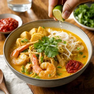Limette und Sambal verfeinern eine Schale Laksa