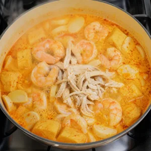Rosa Garnelen und zerrupftes Haehnchen in Laksa-Bruehe