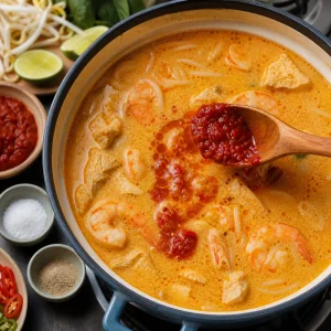 Rotes Sambal wird in cremige Laksa-Bruehe geruehrt