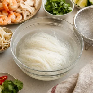 Reisvermicelli weichen in einer Glasschale ein