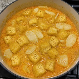 Tofu-Puffs und Fischkuchen waermen in Laksa-Bruehe