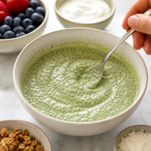 Chia seeds stirred into matcha coconut pudding