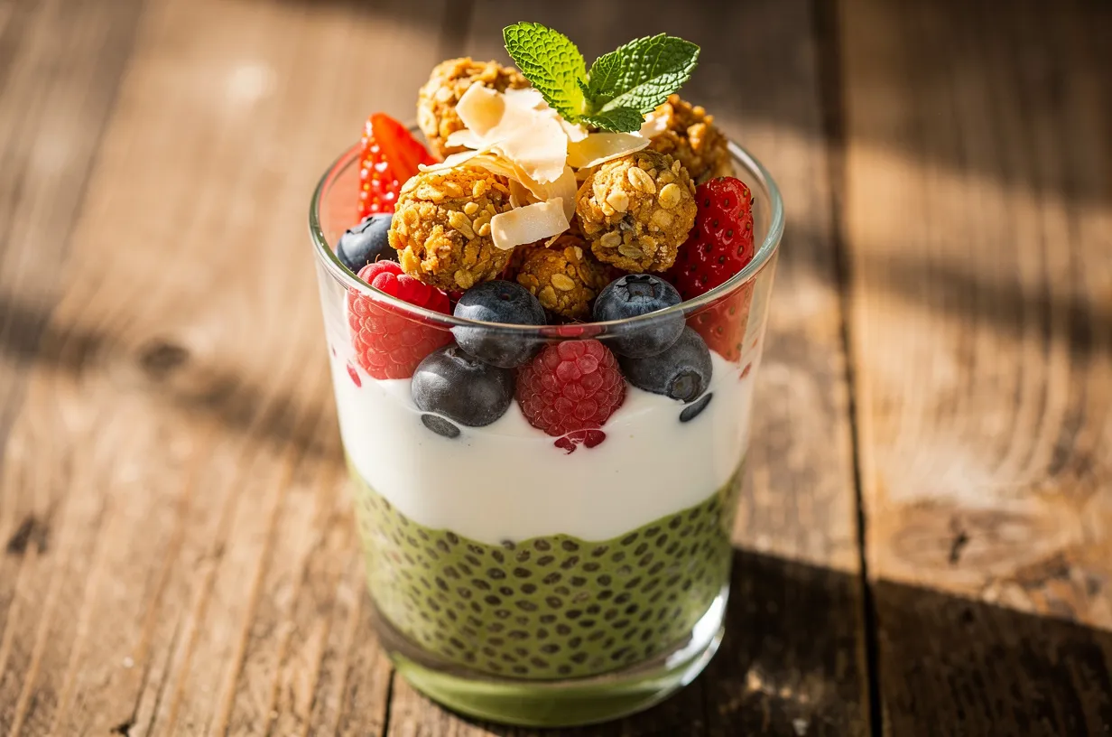 Creamy Matcha Chia Parfait with Coconut Yogurt & Berries