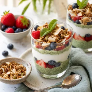 Finished matcha chia parfait served with crunchy granola