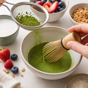 Matcha whisked with warm coconut milk