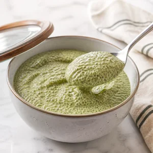 Thickened matcha chia pudding after chilling