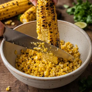 Charred corn kernels being cut from the cob into a bowl