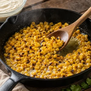 Charred corn kernels sauteing in foamy butter in a cast-iron skillet