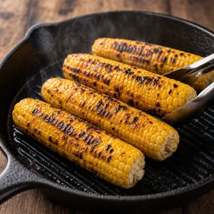 Corn cobs charring with dark grill marks in a cast-iron pan