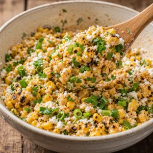 Creamy charred corn tossed with Cotija, cilantro, scallions, and jalapeno