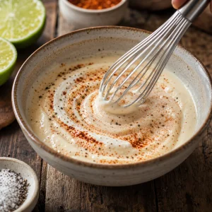 Creamy lime dressing whisked with red chile spices in a small bowl